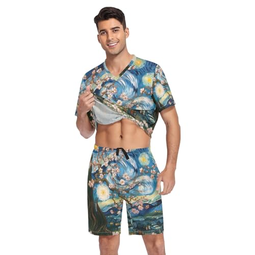 Mens Pajama Short Sleeve Pajama Sets Lounge V Neck 2 Pcs Sleepwear with Pockets, S-XXL3