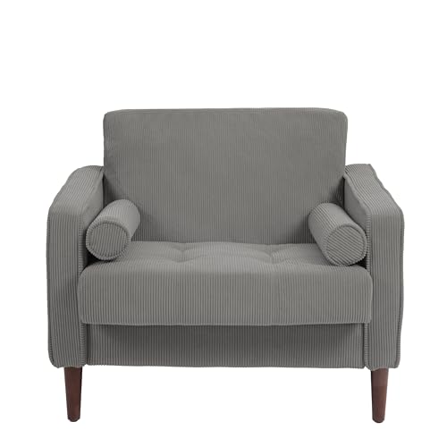 Image of Corduroy Accent Chairs Set of 2, Modern Upholstered Living Room Arm Chair Bedroom Reading Armchair with Bolster Pillows, Mid-Century Track Armrest Tufted Single Sofa Seat (Light Gray)
