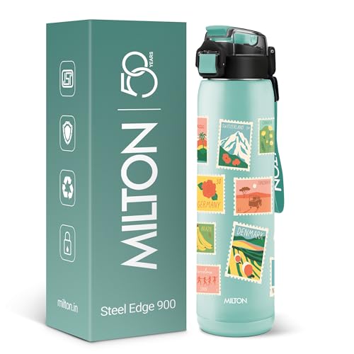 Image of Milton Steel Edge 900 Thermoware Water Bottle 600 ml with One Touch Safety Lock & Twin Lid Sip or Gulp,Long Hours Hot & Cold,Leak Proof,ISI Certified,Vacuum Insulated,for Office,Gym,School, Aqua Green