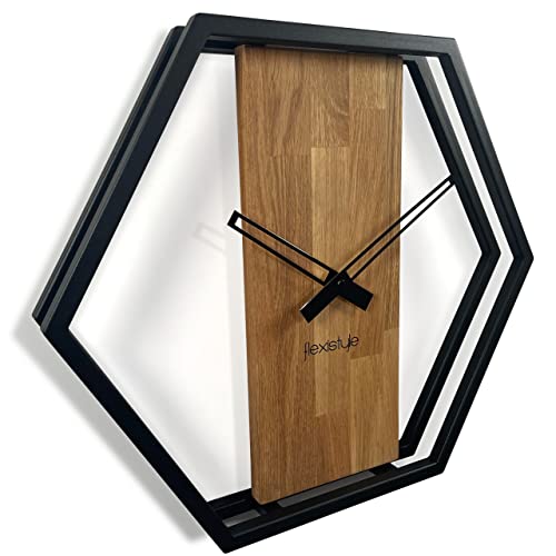 FLEXISTYLE Wanduhr groß Hexagon Holz Eiche LOFT schwarz Industrial modern 50cm Durchmesser ohne tickgeräusche Industrial Style