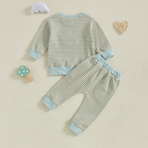 fhutpw Baby Toddler Boy Girl Fall Winter Clothes Embroidery Stripe Pullover Pants Sets Infant Long Sleeve Sweatshirt Outfits (Green Duck, 18-24 Months)