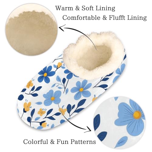 Blue Flowers Printed Slippers for Women Slipper Socks Soft Fuzzy House Slippers Shoes for Indoor Bedroom, Winter Cozy Christmas Gifts2