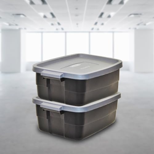 Image of Rubbermaid 6-Pack Totes for Storage with Lids, Heavy Duty Plastic Storage Bins with Lids, Black Gray, 10 GAL - Stackable for Garage, Attic, Camping (10 GAL - 6 Pack Solid Black and Grey)