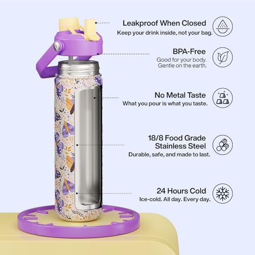 Image of ENCOOL Insulated Water Bottle with Straw Stainless Steel Water Bottle, Leak-Proof, BPA-Free, Double Wall Vacuum Keeps Cold for 24 Hours for Sports, Travel, School (26 oz, Lavender Butterfly)