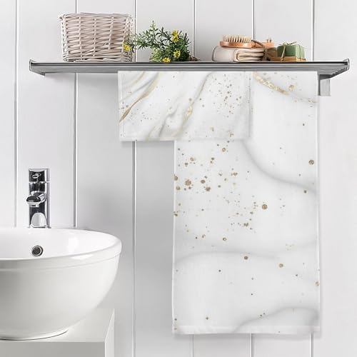 Bolaz Gold White Grey Marble Cotton Towel Set 2 Piece, 1 Bath Towels 1 Washcloth, Soft Fast Dry Super Absorbent Face Hand Towel for Bathroom Hotel Gym Spa and Beach by Bolaz - Image 5