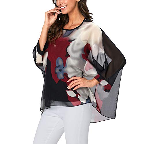 Image of Ckikiou Plus Size Batwing Flowy Semi Sheer Chiffon Blouse Tunic for Women Summer Floral Print Boho Beach Cover ups