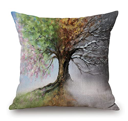 Solekla Fantasy Tree Throw Pillow Cover, Watercolor Four Season Tree Natural Decorative Couch Sofa Bedroom Burlap Pillow Cases for Men/Women/Girls/Boy/Children Room 18x18 Inch