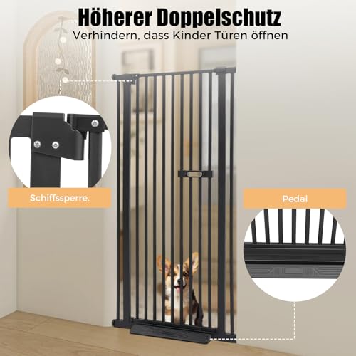 Treppengitter Schutzgitter für Haustiere Extra Hoch 150cm, Treppengitter Ohne Bohren Hundezaun Versenkbare Tür Sicherheitstor mit 2 rutschfeste Fußpedale, für Kinder und Haustiere