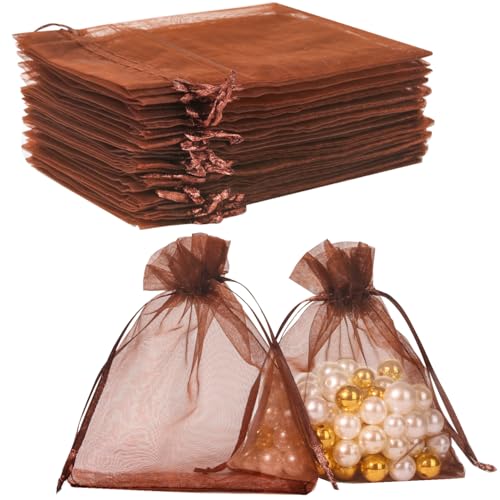 Image of Hopttreely 100pcs Organza Favor Bags, 4 x 4.72 inch Brown Mesh Bags Drawstring Sheer Jewelry Pouches for Small Gift Baby Shower Party Candy