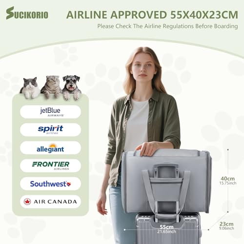 SUCIKORIO Hundetasche Flugzeug 55x40x23 Eurowings Lufthansa, Faltbare Hundetragetasche mit Faltbar Reisenapf Napf Hunde Katzen Transporttasche bis 12kg Transportboxen Große Petsfit Tragetasche, Grau