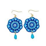 Pendientes pintados a mano - MANDALA AZUL - Pendientes colgantes de mujer, Joyas de madera pintadas a mano, Gancho de plata, Made in Italy, Bisutería femenina decorada, Elaboración artesanal
