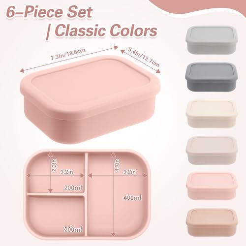 Image of Honeydak 6 Pcs Silicone Bento Boxes, 3 Compartment Lunch Containers