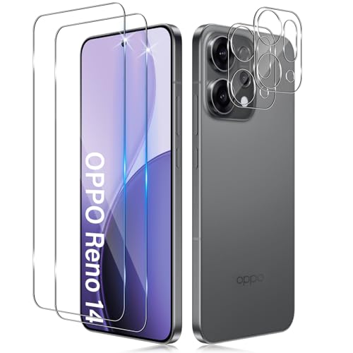 Funrae 2 Piezas Protector de Pantalla para OPPO Reno 14 5G con 2 Piezas Protector de Lente de Cámara, 0.33MM HD 9H Ultra Resistente Cristal Templado Vidrio Templado