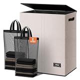 SOLEDI Large Double Laundry Hamper with Lid, Collapsible Clothes Hamper 2 section with Removable Bags, Space-Saving Laundry Basket for Bedroom, Dorm, College