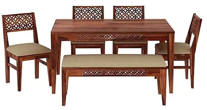 Image of Sheesham Wood 6 Seater Dining Table Set for Home Hall || Solid Wood CNC Dining Table with 4 Chairs and Bench for Hotels || Dining Room Sets (Honey Finish)
