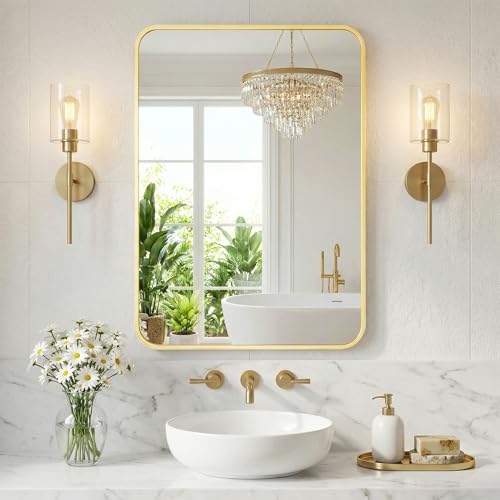 Image of NEWBULIG 24X36 Inch Bathroom Mirror, Rectangle Wall Mirror with Rounded Corners, Gold Vanity Mirrors for Bathroom Sink with Metal Frame for Bedroom, Entryway, Hangs Horizontally or Vertically