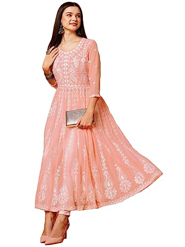 Image of ANNI Designer Women's Georgette Regular Fit Chikankari Embroidered Anarkali Kurti