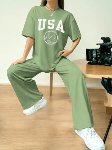 Image of My Swag USA Graphic Print Cotton Loungewear Set, T-Shirt and Pants, Casual Comfort Wear