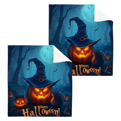 Flradish 4 Pack Halloween Pumpkin Pure Cotton Washcloths 12 x 12 Inch Reusable Absorbent Soft Cotton Face Towels Fingertip Towels Set for Gym Towels,Hotel and Spa