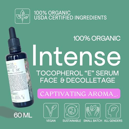 ORGANIC28+ Organic28. 100% Organic Vitamin E Oil For Face & Décolletage. 38 Botanicals – USA Made. 2 X Size. Vitamin E Oil For Skin Rejuvenating & Moisture Retention. Organic E Serum. Face Moisturizer. 2 Fl. Oz