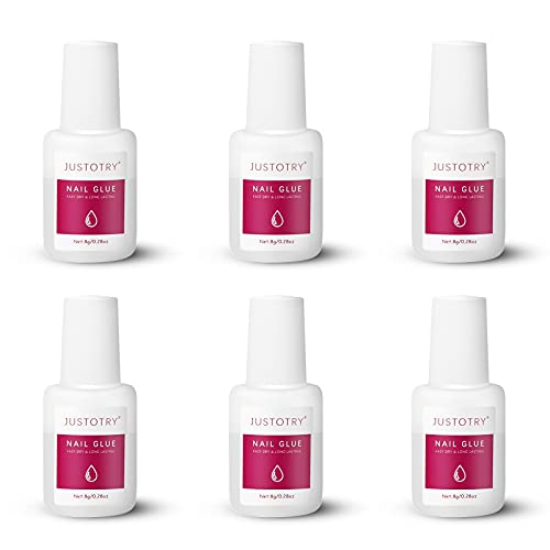 JUSTOTRY 6 Pcs Professional Strong Nail Glue for Acrylic Tips Extra Strong and Press on Nails Long Lasting - Fast Bond & Super Strong Acrylic Nail Glue, for Broken Nail, False Nail Adhesive Glue