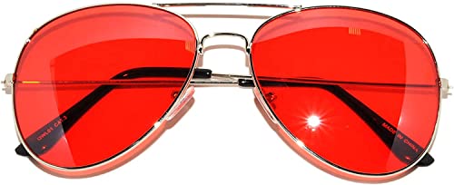 Classic Aviator Style Sunglasses Silver Metal Frame Red Lens