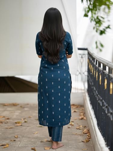 Image of ANNI Designer Women's Viscose Printed Straight Kurta Set with Pant | Blue Ethnic Wear | Mandarin | Elbow Length Sleeve Indian Traditional Outfit for Women