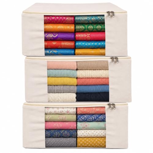 Image of Kottify 3 Pack Cotton Canvas Clothes Storage Bags /Saree Covers with Zip for Storage Specially Design for Woman Dresses, Sarees, Lehengas for Wardrobe Organizer (43cm x 36cm x 17.8cm),Beige