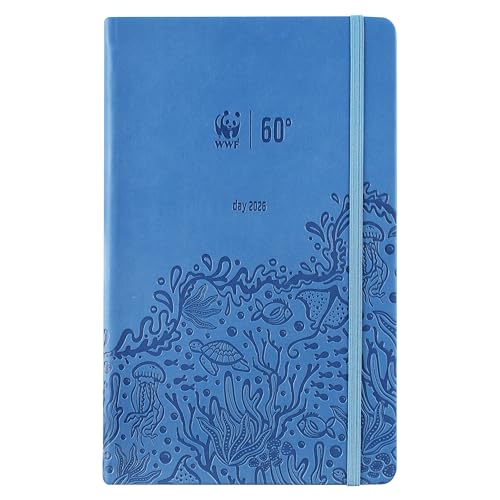 WWF, Large – Agenda 2026 diaria de 12 meses, con elástico y doble marcapáginas, 352 páginas, con calendario y planificador 2026 – 13 x 21 cm, azul