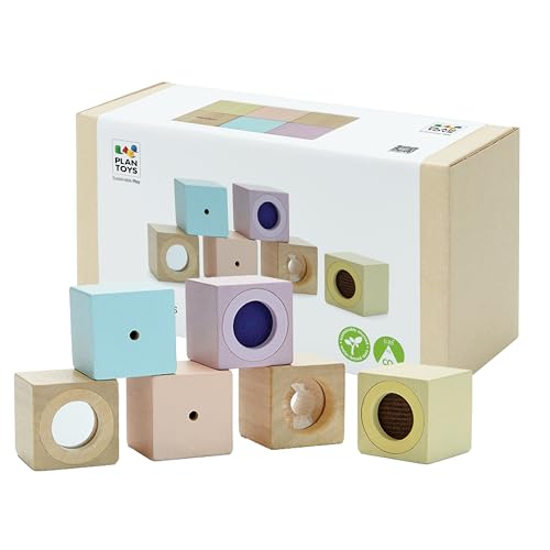 Image of PlanToys Sensory Blocks Wooden Learning Toy | Montessori Educational Activity for Tactile, Auditory & Visual Exploration | Eco-Friendly Toy for Early Development & Discovery