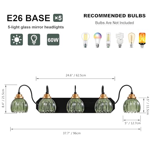 Image of Vintage Gold Bathroom Light Fixtures, 5 Light Green Tulip Crystal