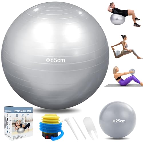 IKELY Gymnastikball,Pezziball,Geburtsball,65cm Fitnessball groß und 25cm Pilatesball Set, für Zuhause, Fitnessstudio und Büro Hautfreundlicher Sitzball Reha Hometraining Balanceball Sport 2 STK