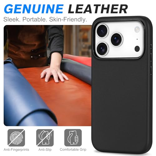 Image of SHIELDON Genuine Leather Case for iPhone 17 Pro 6.3 inch 2025, Nappa Black | Compatible with MagSafe, Magnetic Wireless Charging, Camera Button, Metal Buttons, Camera Bezel, Slim, Shockproof, Women Men