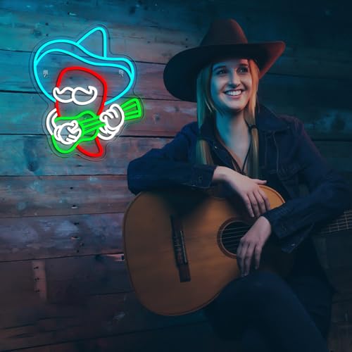 Image of Cowboy Hat Chili Guitar Neon Sign Anime Pepper Led Neon Signs Neon Bar Signs for Wall Decor USB Light Up Sign Neon Beer Signs for Home Bar Man Cave Party Club Kids Room