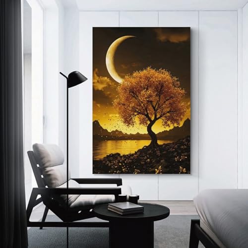 Tableau sur toile Golden Tree art mural 40x60 cm pour salon et chambre fille