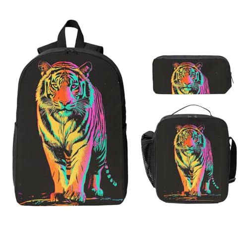 Tiger Backpacks 3 Pcs Minimalist Backpack for Men and Women with Fun Graphic Cartoon Print for Camping Touring