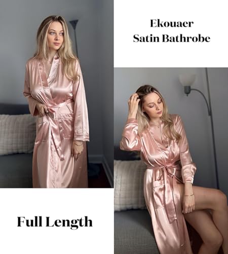 Image of Ekouaer Satin Robes for Women Long Sleeve Silk Bathrobe Soft Lightweight Full Length Sleepwear Bridesmaid Wedding Party Robes