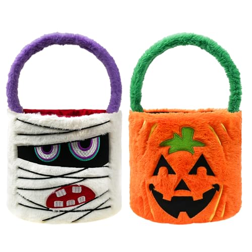 Image of Dia 7.9 inch * H 15.7 inch, Plush Halloween Baskets Trick or Treat Bags Halloween Candy Bucket, Gift Bucket for Party Favor Supplies (2Pcs-Pumpkin&Mummy)