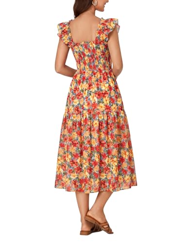 Image of Rooscier Women's A Line Smocked Midi Dress | Summer Sleeveless Square Neck Casual Sundress