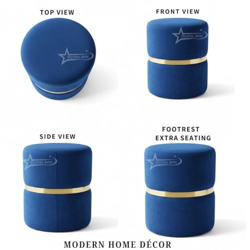 Image of Round Single Strip Upholstered Stool Living Room Foot Rest Linen Fabric Padded Seat Pouf Ottoman Office Stool Blue