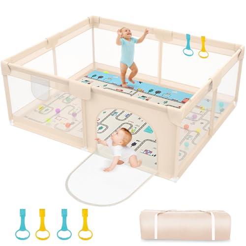 Baby Playpen with Mat 79x71inch – Extra Large Play Pen for Babies and Toddlers Indoor & Outdoor Baby Playard with Soft Breathable Mesh Cover – Sturdy Foam Infant Gate Playpen(Apricot)