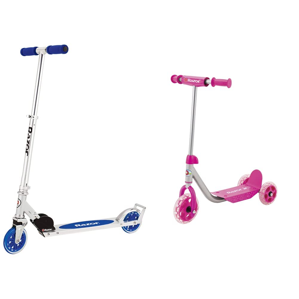 RazorA3 Kick Scooter for Kids Ages 5+ - Foldable, Lightweight, Large Wheels, Front Vibration Reducing System, Adjustable Handlebars, for Riders up to 143 lbs, Blue & Jr. Lil' Kick Scooter