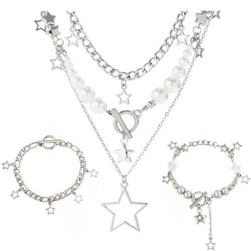 2 Pieces Silver Star Necklace Y2K Jewelry Set Grunge Necklace Kawaii Cute Necklaces Aesthetic Vintage Emo Jewelry