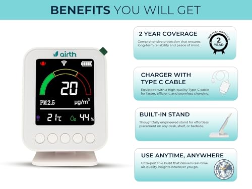 Image of AIRTH Smart Air Quality Monitor | Measures PM 2.5, Temperature and Humidity | Digital Display | Know What You Breath 24x7