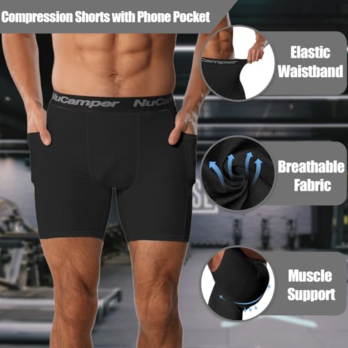 NuCamper Men’s Compression Shorts with Pocket Spandex Athletic Underwear Performance Gym Boxer Briefs Cool Dry Baselayer4