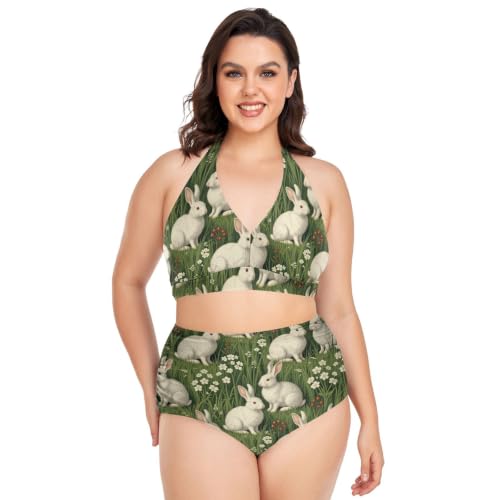 Maillot de bain bikini grande taille motif lapins blancs et champ d'herbe deux pièces
