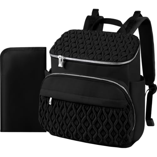 NatuFuse Baby Diaper Bag Backpack, Expandable Baby Bag for Girl Boy, Travel Diaper Backpack with Insulated Pocket, Changing Pad, Quilted Diaper Bag for Mom Dad, Newborn Baby Essentials Must Have Black