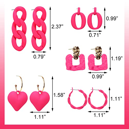 5 Pairs Hot Pink Big Hoop Earrings Vintage Minimalist Classic Retro Geometric Square Large Star Hollow Drop Dangle Neon Disco 80S Party Statement Earrings For Women Girls #TOP1