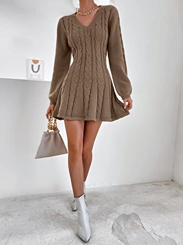 Sweatyrocks Women's Cable Knit Short V Neck Sweater Dress Soild Long Bishop Sleeve Flared Dresses Mocha Brown M #TOP3