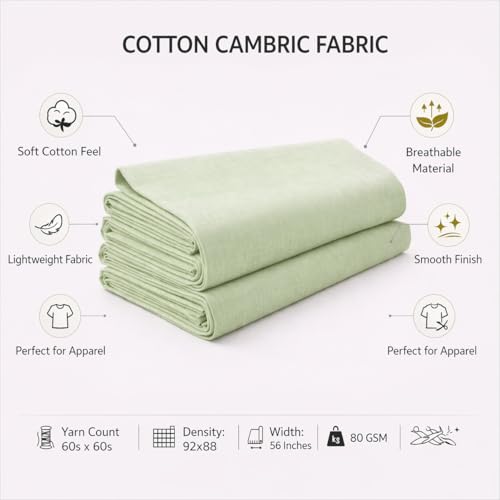 Image of Soimoi Green Solid 60 * 60's Cotton Cambric Fabric by 10 Yards, 56 Inch Wide Light Weight Material Suitable for Kurtis, Blouses, Kids Clothing, Tunics, Dresses and Summer Apparel